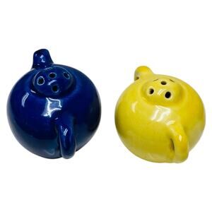 Vintage 1940s Pottery Teapot & Jug Salt Pepper Shakers Cobalt Yellow Blue